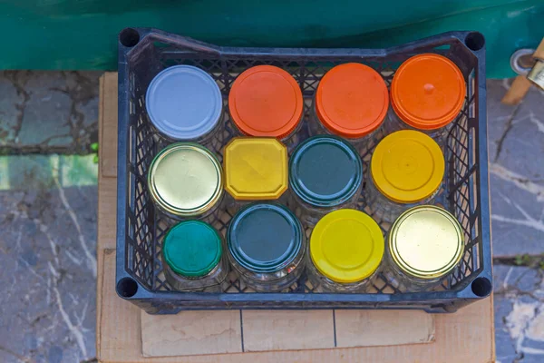 Voedselbereiding Mason Jars Met Lids Crate Top View — Stockfoto