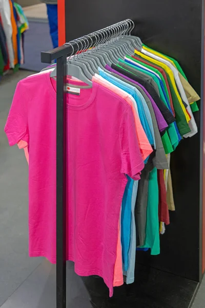 Bright Pink Cotton Tee Shirt Hanging Railing — Stock Photo, Image