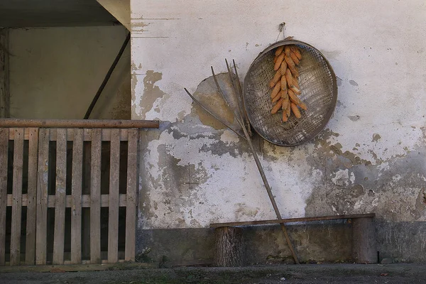 Pared Una Casa Rural Eslovenia Con Herramientas Agrícolas Espigas Maíz — Foto de Stock