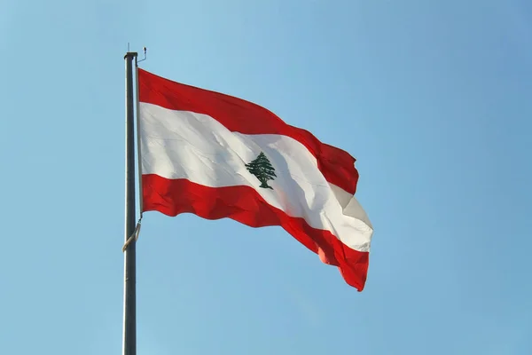 Lebanese Flag Waving Wind Clear Blue Sky — 스톡 사진
