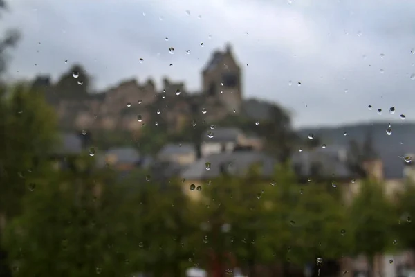 View Larochette Luxembourg Raindrops Window ストック写真