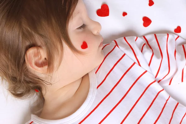 Toddler Sleeping Peacefully Felted Hearts Him — Stockfoto