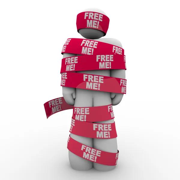 Free Me Words Man Wrapped Red Tape — Stock Photo, Image