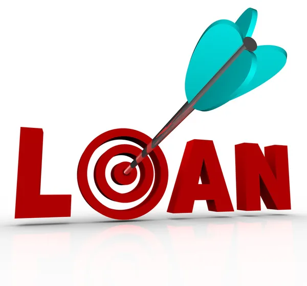 Pożyczki słowo strzałka w oczko cel finansowania kredytów hipotecznych — Zdjęcie stockowe