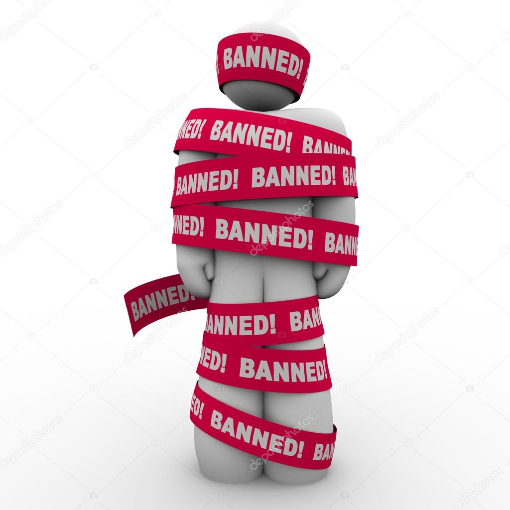 Banned Man Person Wrapped Red Tape Forbidden Suppression