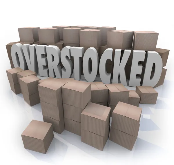 Overstocked Words Cardboard Boxes Warehouse Inventory — Stock Photo, Image