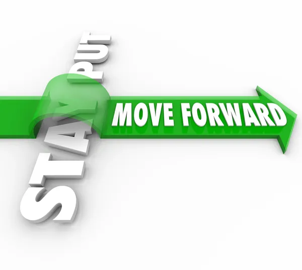 Stay Put Vs Move Forward Words Arrow Progress to Goal — Stock Photo, Image