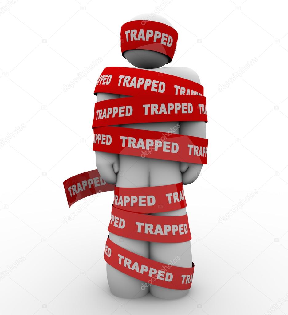 Trapped Person Tangled in Red Tape No Freedom