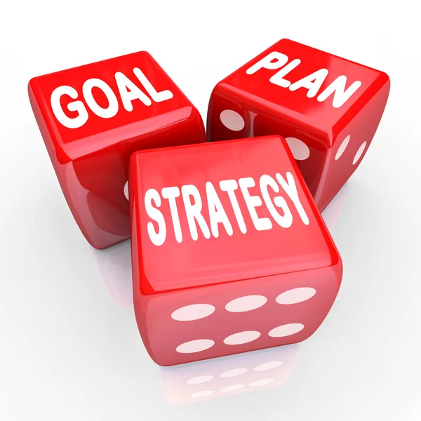 Plan Goal Strategy Words on Three Red Dice — Stock Photo, Image