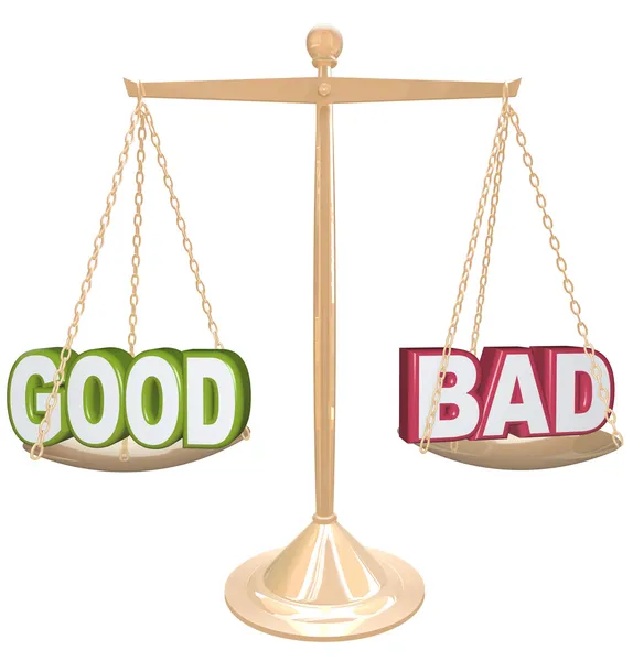 Good vs Bad Words on Scale Weighing Positives vs Negatives — Stock Photo, Image