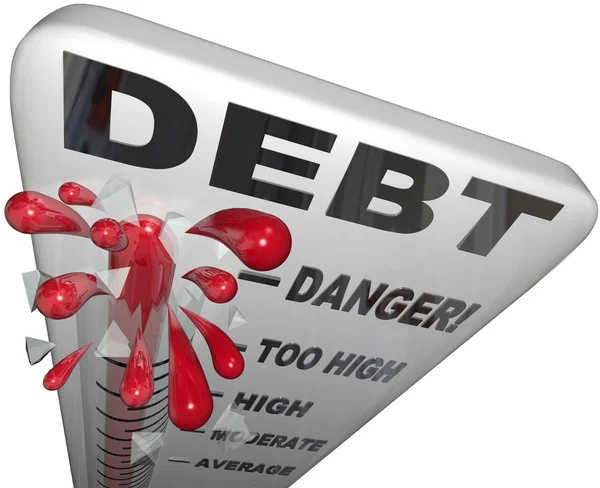 Debt Thermometer Deficit Rising Overspending Danger — Stock Photo, Image