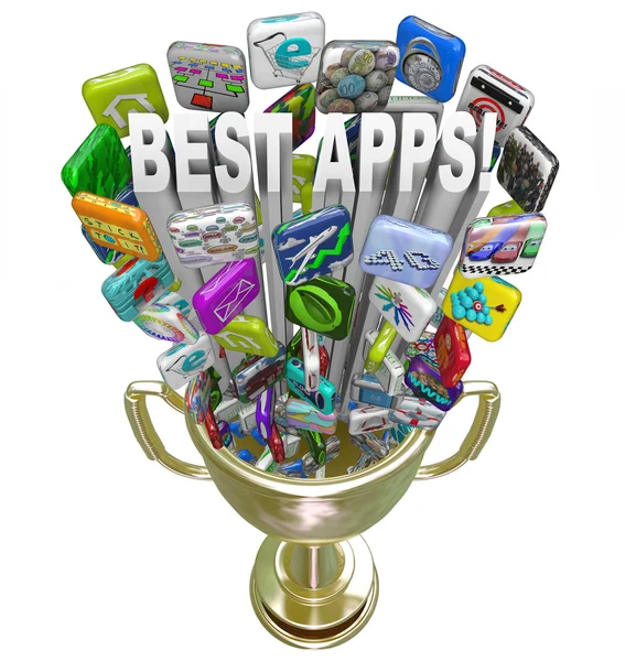 Las mejores aplicaciones - Azulejos iconos en trofeo de oro — Foto de Stock