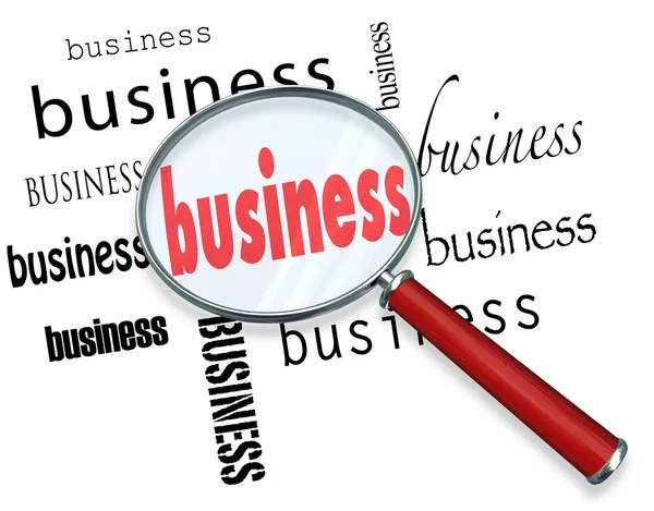 Business Word Magnifying Glass Aprender Noções básicas Iniciar Nova Empresa — Fotografia de Stock