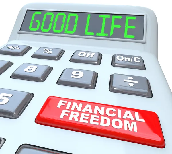Financiële vrijheid het goede leven woorden op Rekenmachine — Stockfoto