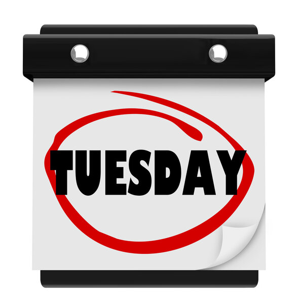 Tuesday Word Circled on Wall Calendar Day of Week