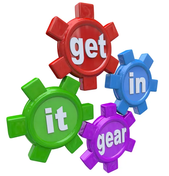 Get It In Gear Four Gears Turning to Start Process — Stock Photo, Image