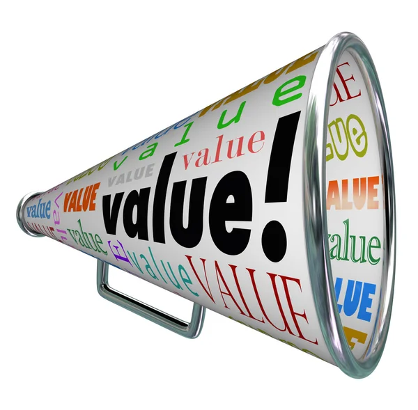 Wartość megafon bullhorn reklamować jakości cennych — Zdjęcie stockowe