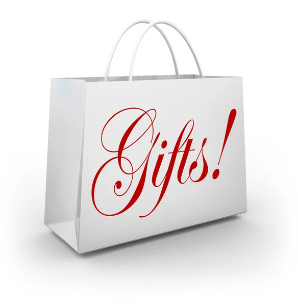 Gifts Word Shopping Bag Present Giving Holiday Store — Stock Photo, Image