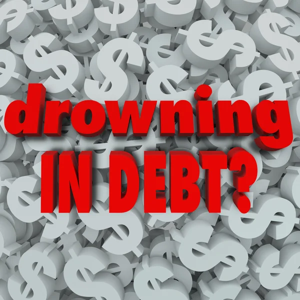 Fulladás az adósság szavak dollárjel háttér csőd — Stock Fotó