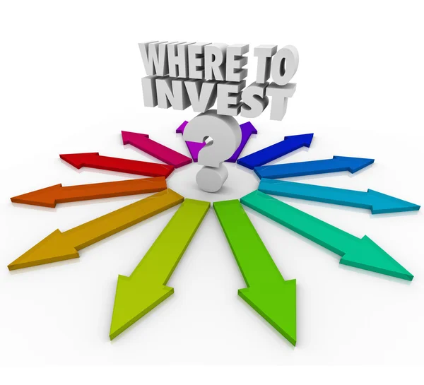 Where to Invest Question Mark Many Arrows Pointing Choices — Stockfoto