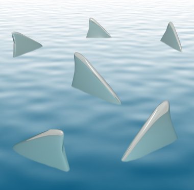 Several Shark Fins Dangerous Open Water Ocean Sea