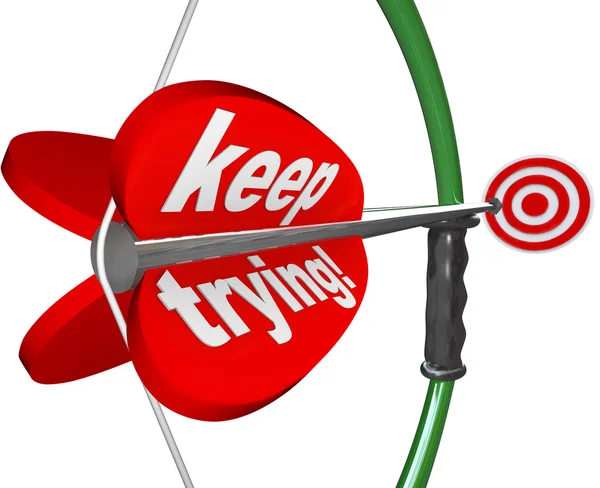 Keep Trying Words Bow Arrow Aiming Bulls-Eye Target — Stock Photo, Image