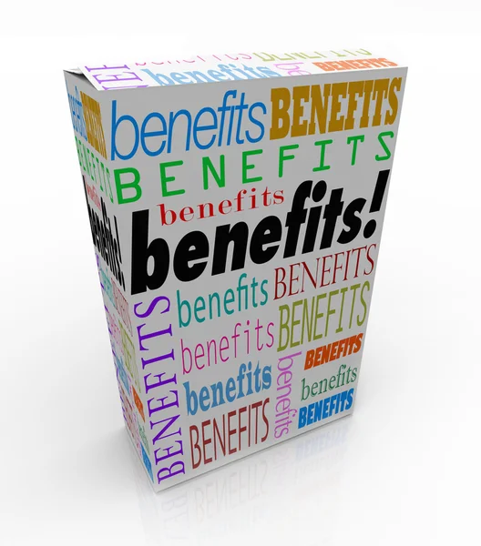 Benefits Word Product Box Marketing Unique Qualities — Stock Photo, Image