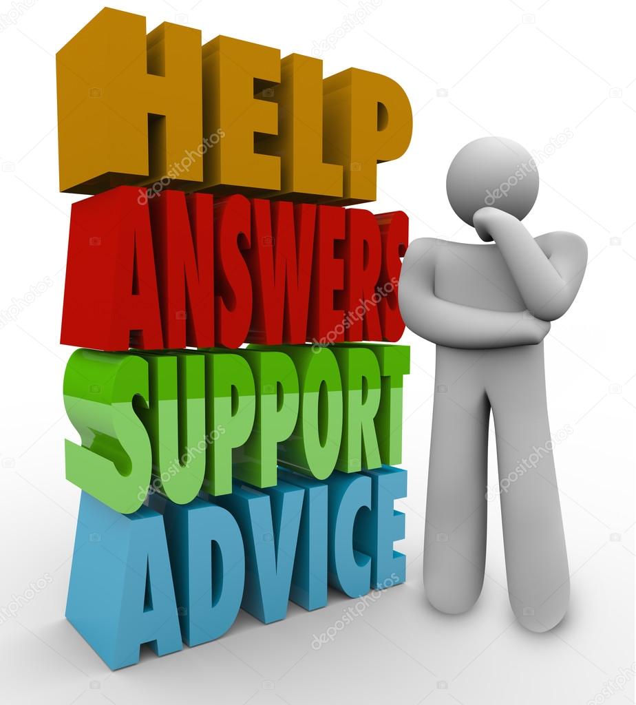 Help Answers Support Advice Thinking Man Beside Words