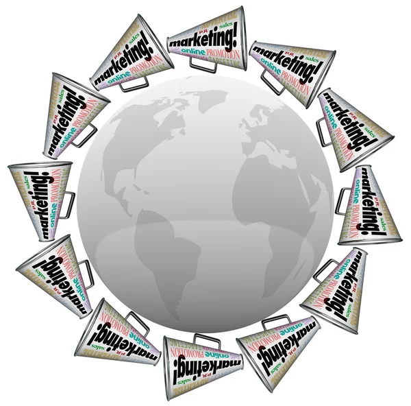 Marketing Bullhorn Megafoni Branding Pubblicità in tutto il mondo — Foto Stock