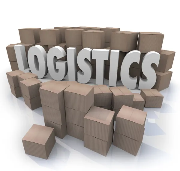 Logistics Word Shipping Boxes Warehouse Efficiency — Stock Photo, Image