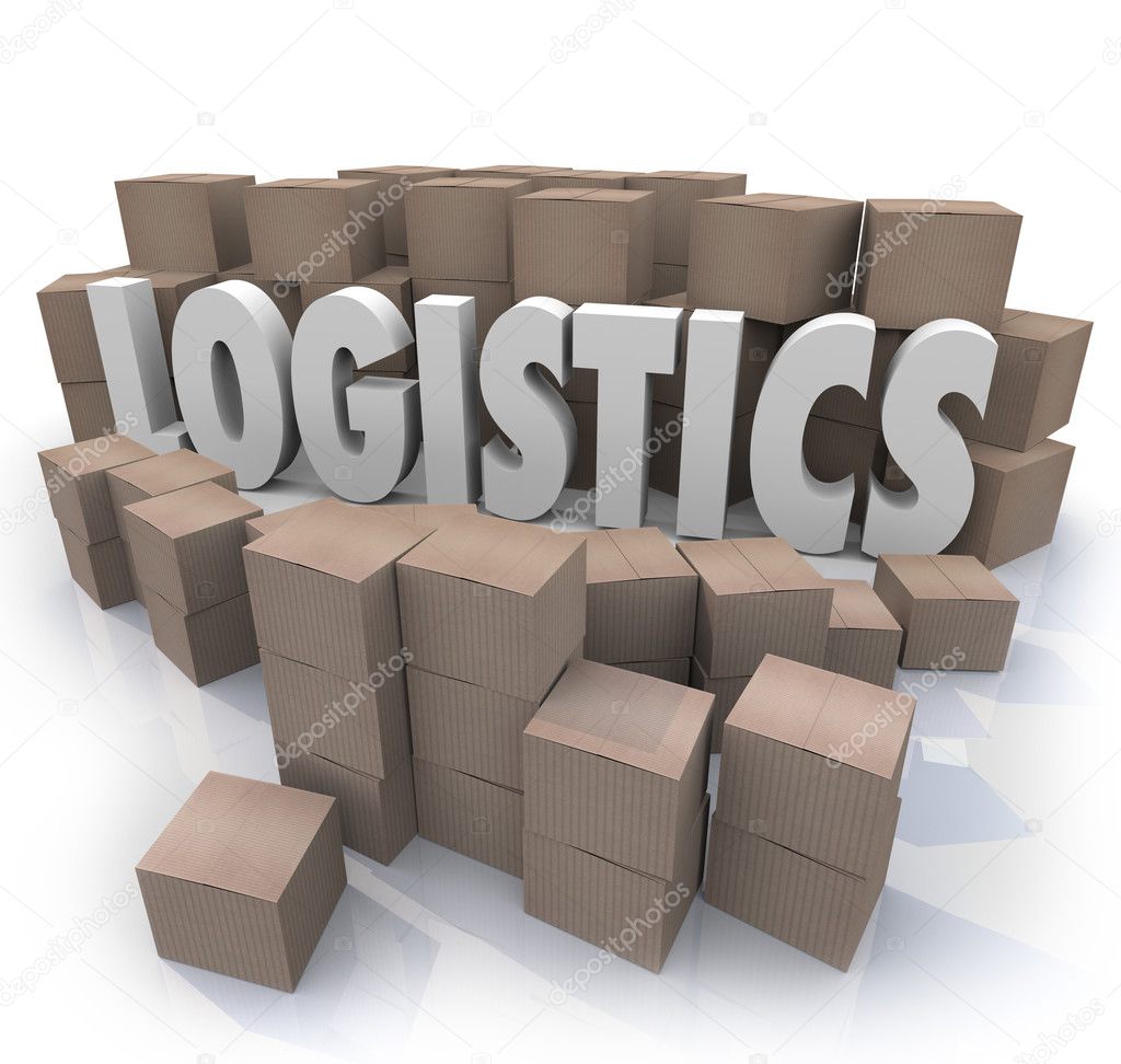 Logistics Word Shipping Boxes Warehouse Efficiency — Stock Photo