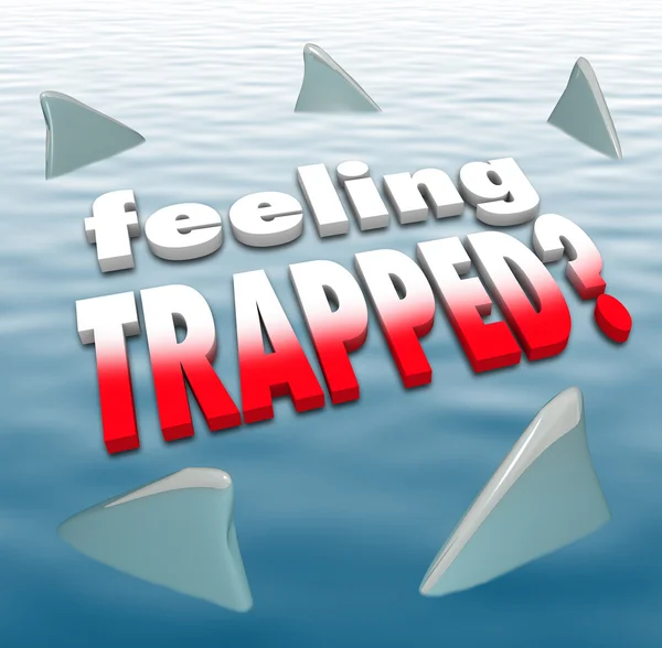 Feeling Trapped Words Shark Fins Circling Ocean — Stock Photo, Image