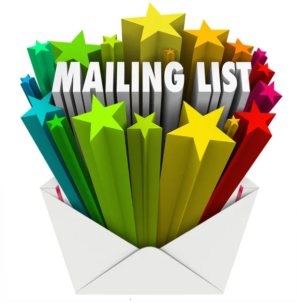 Mailing lijst woorden in ster envelop — Stockfoto