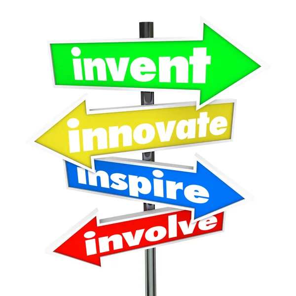 Uppfinna innovera inspirera innebär pilen vägmärken — Stockfoto