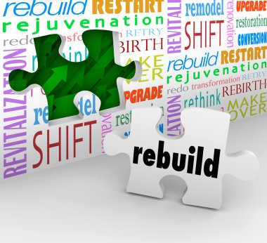 Rebuild Word Puzzle Piece Wall Reinvent New Start clipart