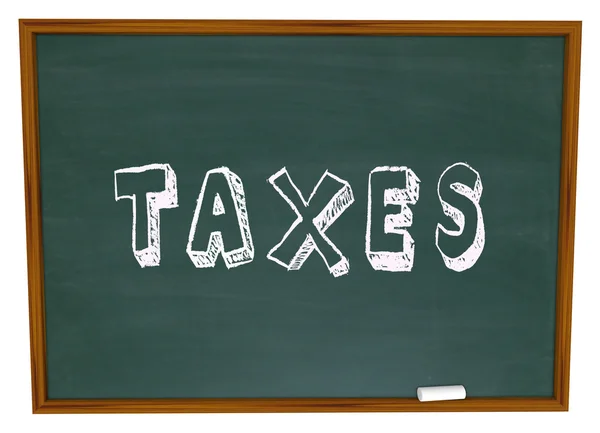 Imposto Palavra Chalk Board Dinheiro financeiro Lição Impostos Conselhos — Fotografia de Stock
