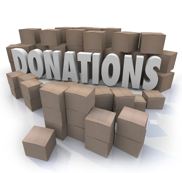 Donaties woord kartonnen dozen liefdadigheid station collectie warehous — Stockfoto