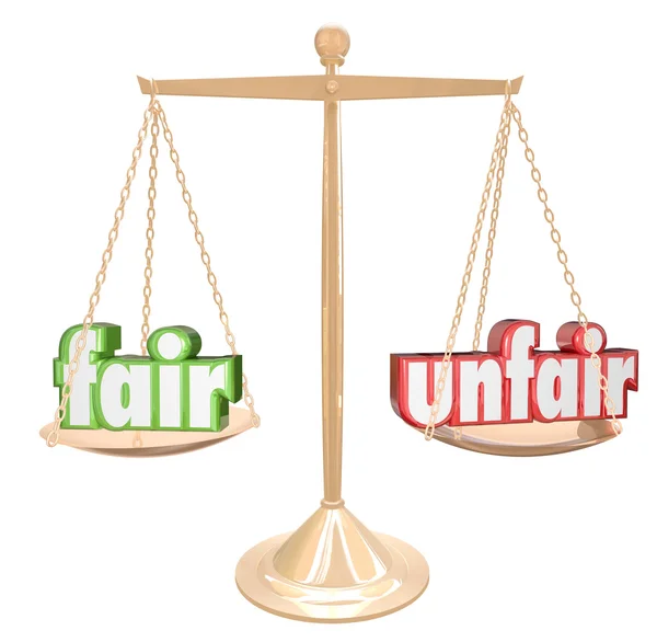 Targi vs nieuczciwe słowa skali równowaga sprawiedliwości niesprawiedliwości — Zdjęcie stockowe