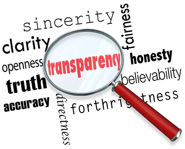 Transparency Word Magnifying Glass Sincerity Openness Clarity — Stock Photo, Image