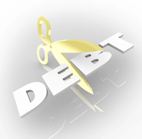 Debt Word Scissors Cutting Costs Money Owed — Stock Photo, Image