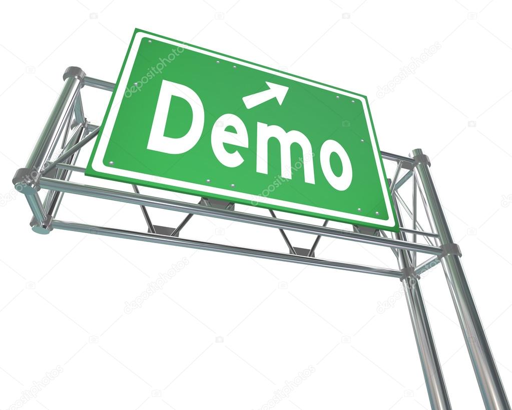 Demo Word Green Freeway Sign Product Demonstration Free Trial