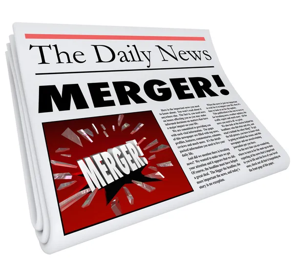 Merger Newspaper Headline Big Breaking News Story Update Company — Stock Photo, Image