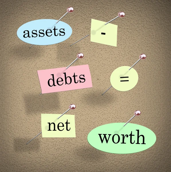 Vermögen minus Schulden gleich Nettovermögen — Stockfoto