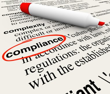 Compliance word circled in a dictionary clipart