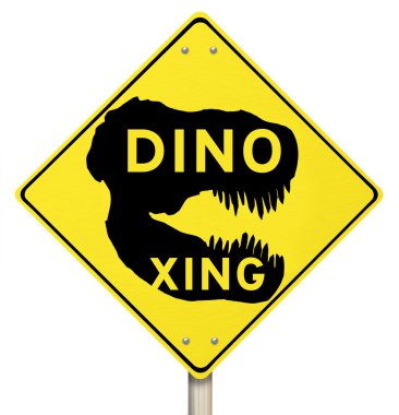 Dino XING kelime üstünde sarı bir uyarı yol işareti