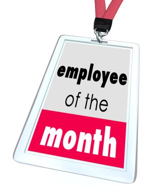Employee of the Month words on a name tag or badge clipart