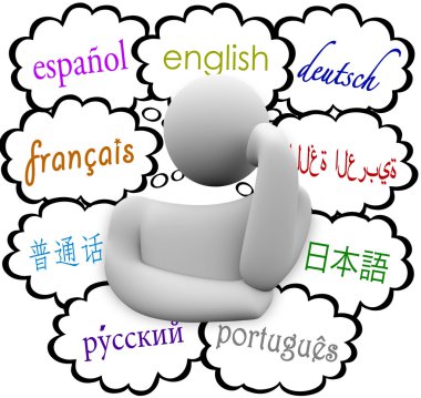 Many diverse languages in thought clouds above a thinker clipart