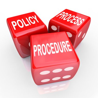 Policy, Process and Procedure words on three red dice clipart