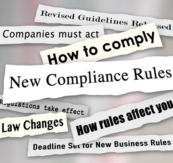 New Compliance Rules newspaper headlines words torn from the news — Stock Photo, Image