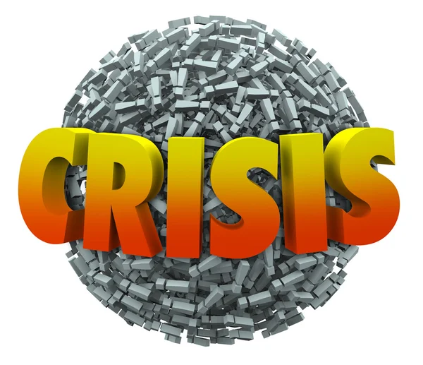Palabra de crisis en letras 3d en una bola o esfera de signos de exclamación —  Fotos de Stock